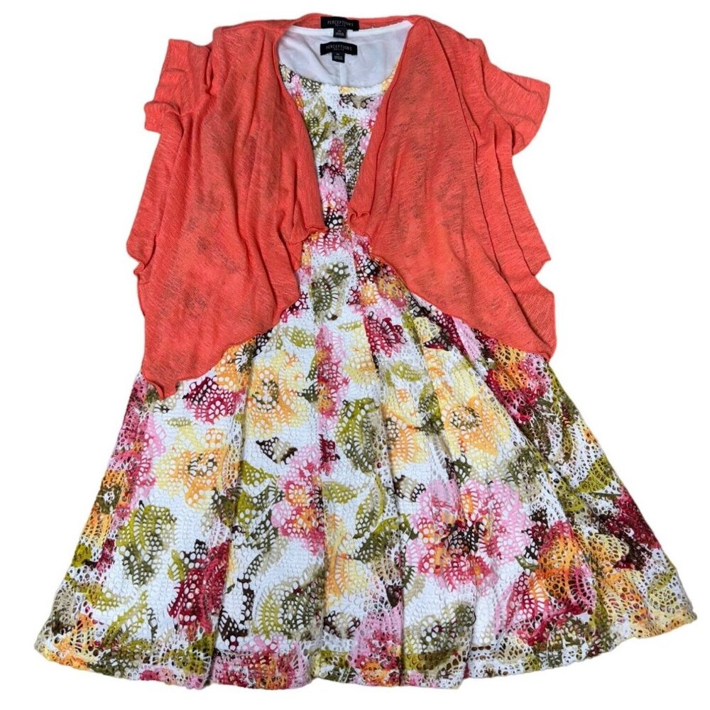 Perceptions Petite PL Floral Lace Dress with Coral Cardigan – 2-Piece Set